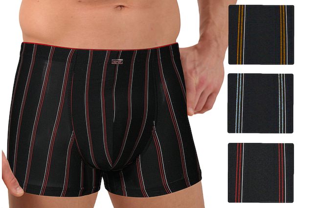 black boxers, tight fitting with fine pinstripes in contrastic colours