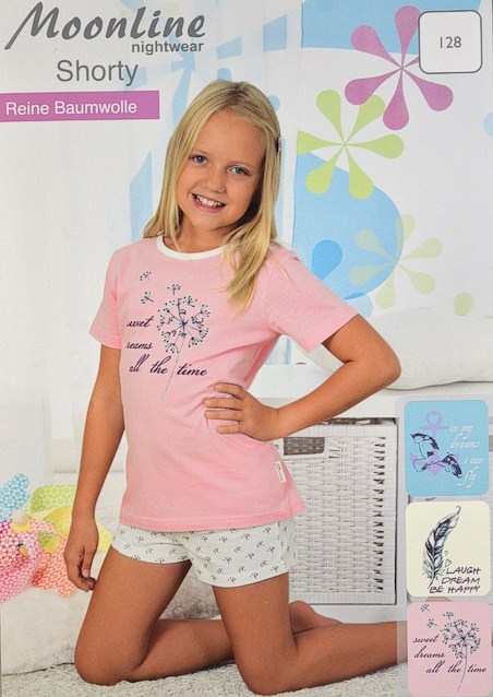 short sleeved girls pyjama with frontal print and short allover printed trousers