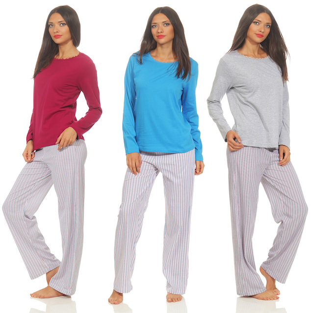 Pyjama with long sleeded plain top and long striped trousers