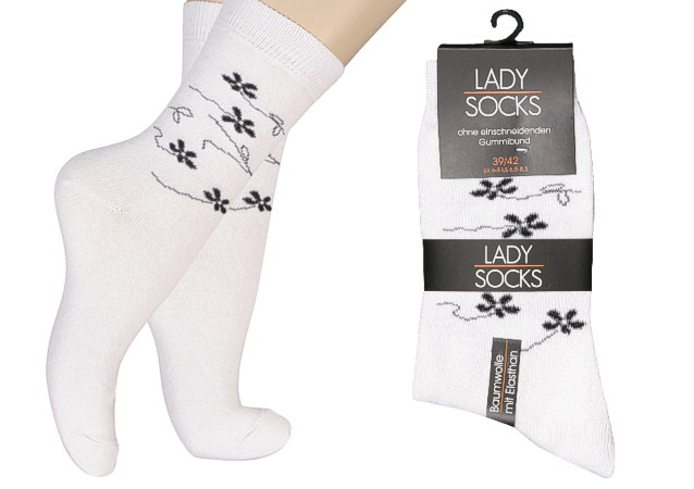 white ladies socks with black floral motives