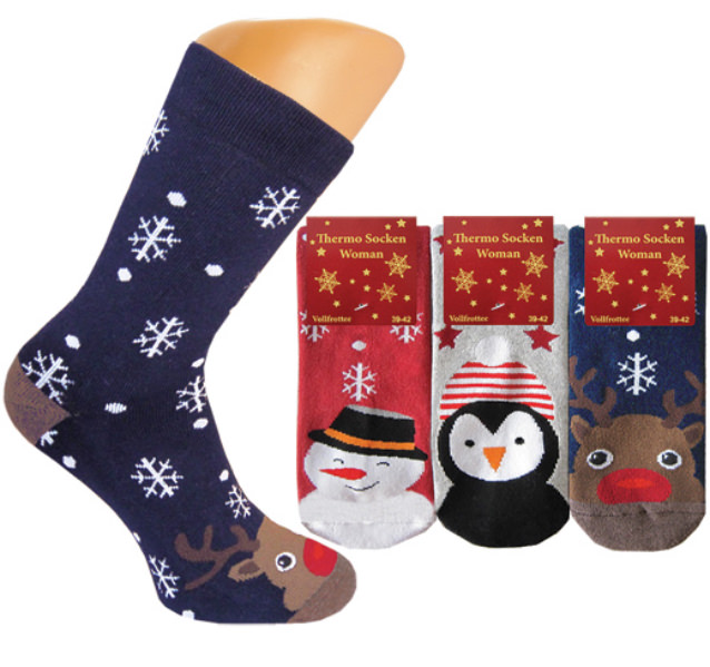 Ladies full terry thermo socks with funny winterly motives on the toes