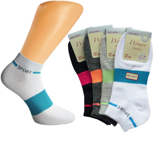 Ladies-Sneakers socks with Sports lettering and contrastic stripes