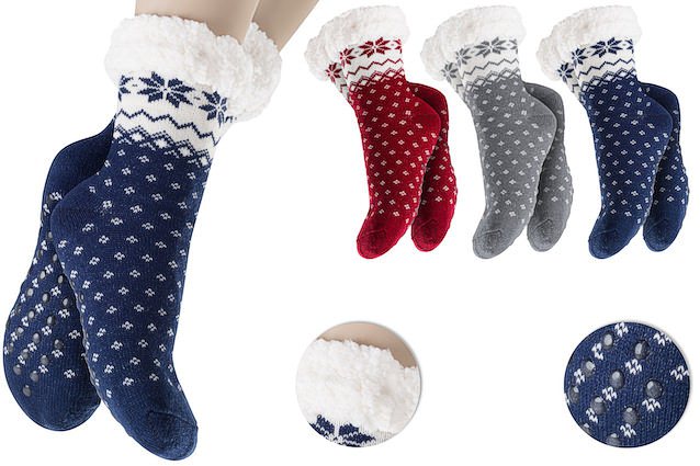 cozy house socks with wintery, classic snow crystal pattern; fluffy inside and ABS pimples on the sole