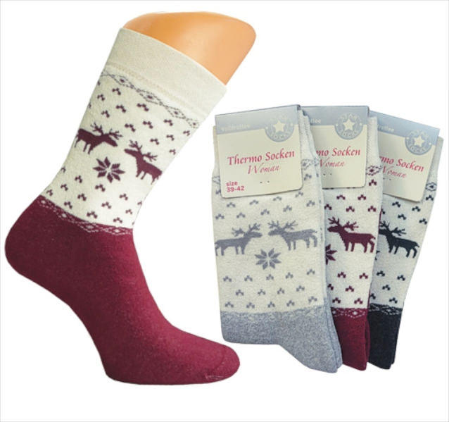 Ladies full terry socks with deers and snowflakes