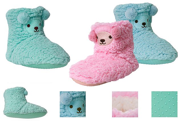 cuddly house socks with funny face and bobble-ears; fluffy inside and ABS pimples on the sole