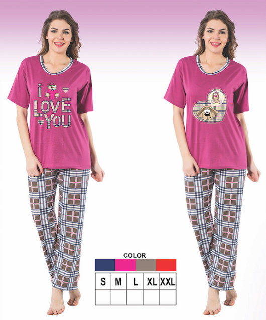 Ladies pyjama short sleeved with cute prints and plaid long trousers