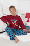Boy`s Pyjama with plaid flannel-trousers and big frontal-print